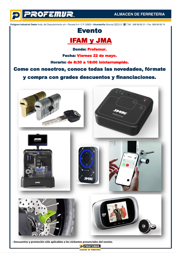 Evento IFAM y JMA en Profemur: novedades, formación y descuentos exclusivos en ferretería y seguridad